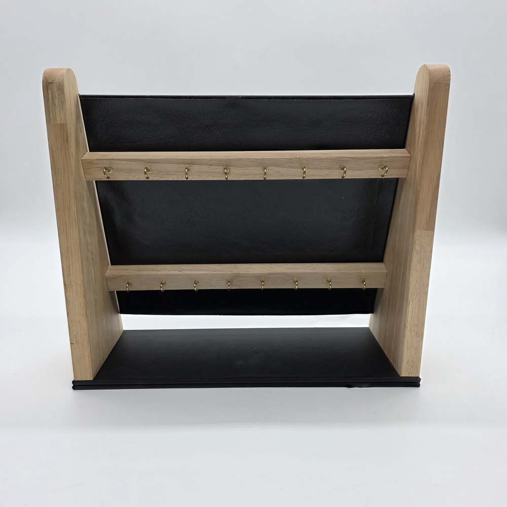 Wooden Jewelry Display Stand – 2-Tier Hook Organizer (Black & Natural Wood) 12"